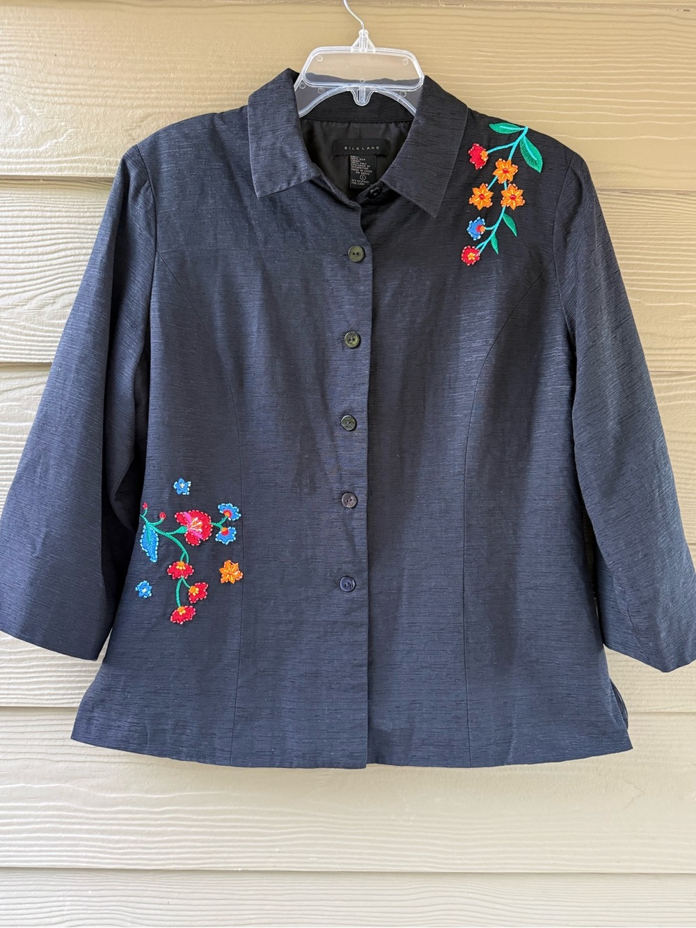 SilkLand 100% Silk Black Floral Embroidered Topper Jacket Blazer Size L